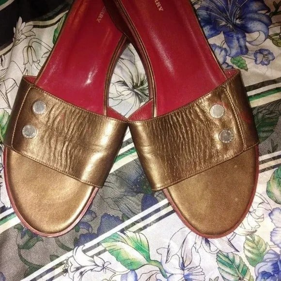 ❤️BURBERRY DARK METALLIC BRONZE OPEN TOE LOW SLIDE SANDALS SHOES 40 / 10 - Picture 2 of 6